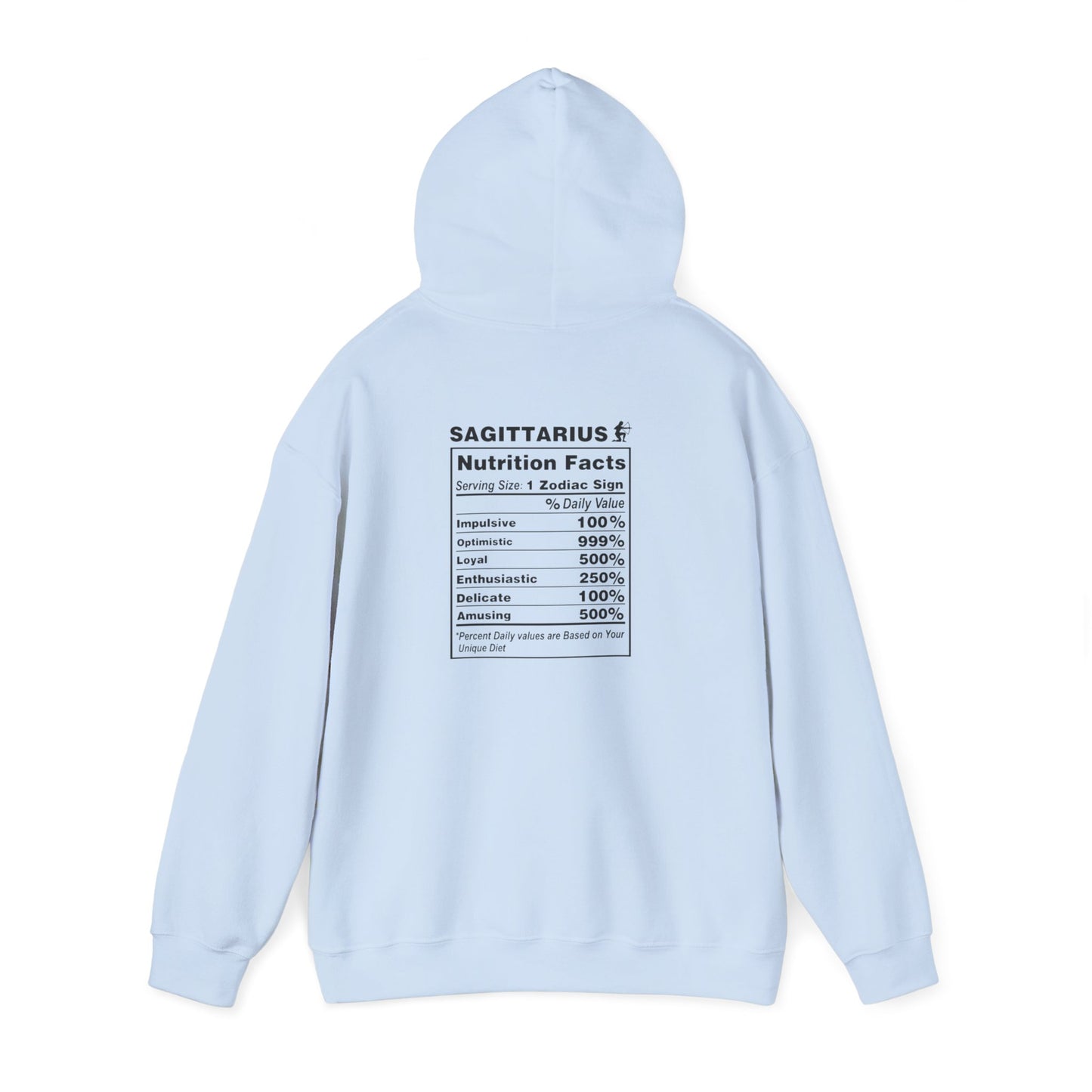 Sagittarius Zodiac Hoodie 2 – Astrological Flame Graphic with 'Sagittarius' & Nutrition Facts Back