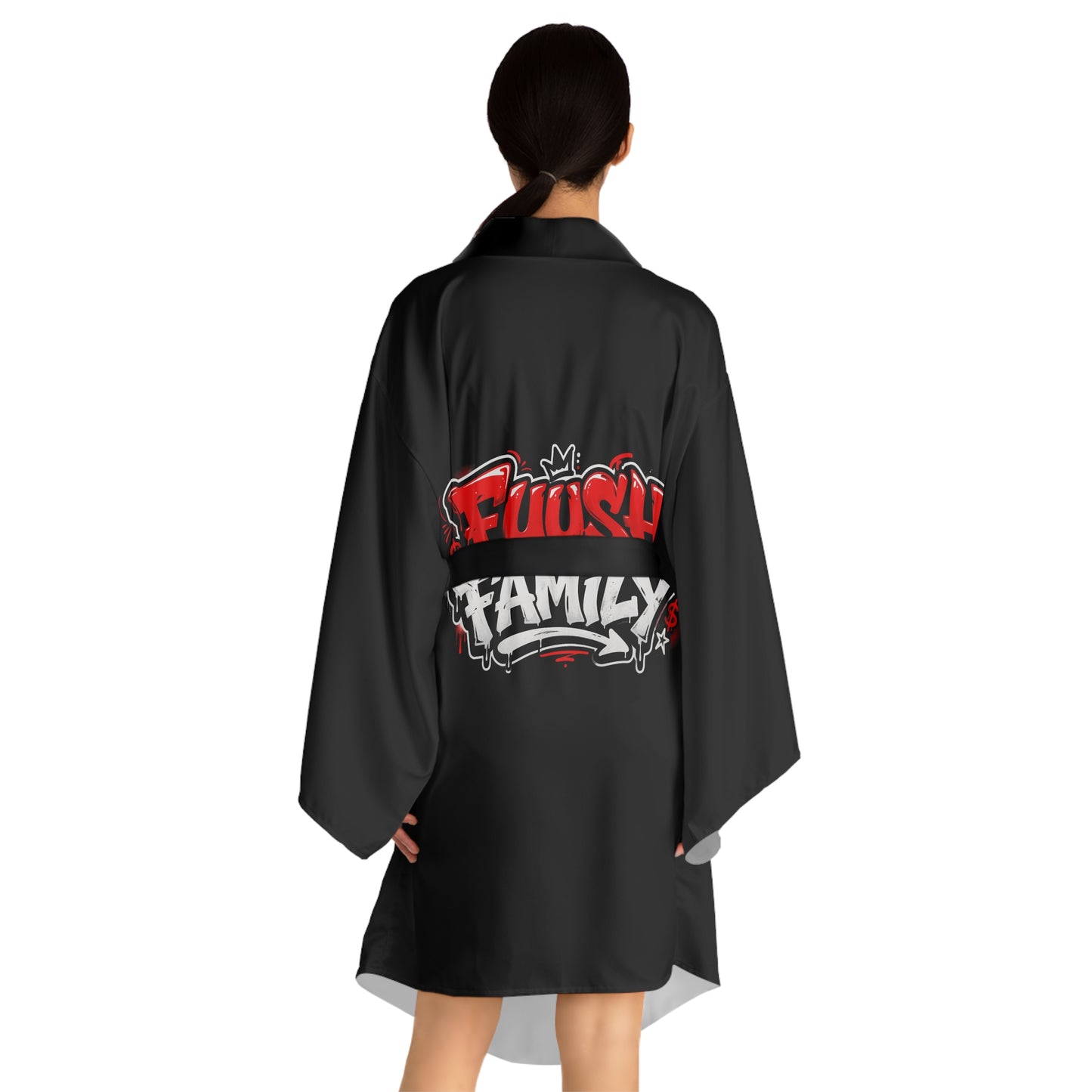 Black 'Fuush Family' Kimono Robe — Long Sleeve Lounge Wrap
