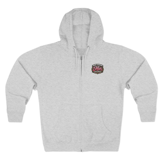 Zip Hoodie — 'Rich in Love' Vintage Crest Chest Logo, Subtle Back Text