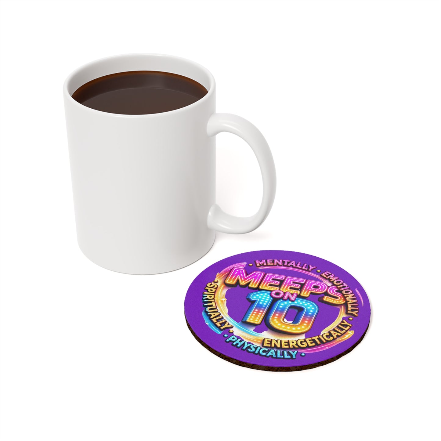 Meeps on 10 Cork Back Coaster — Vibrant Pride & Celebration Drink Coaster