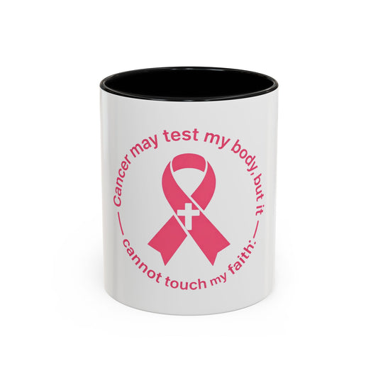 Cancer Faith Ribbon Mug – "Cancer may test my body, but it cannot touch my faith" Accent Coffee Mug