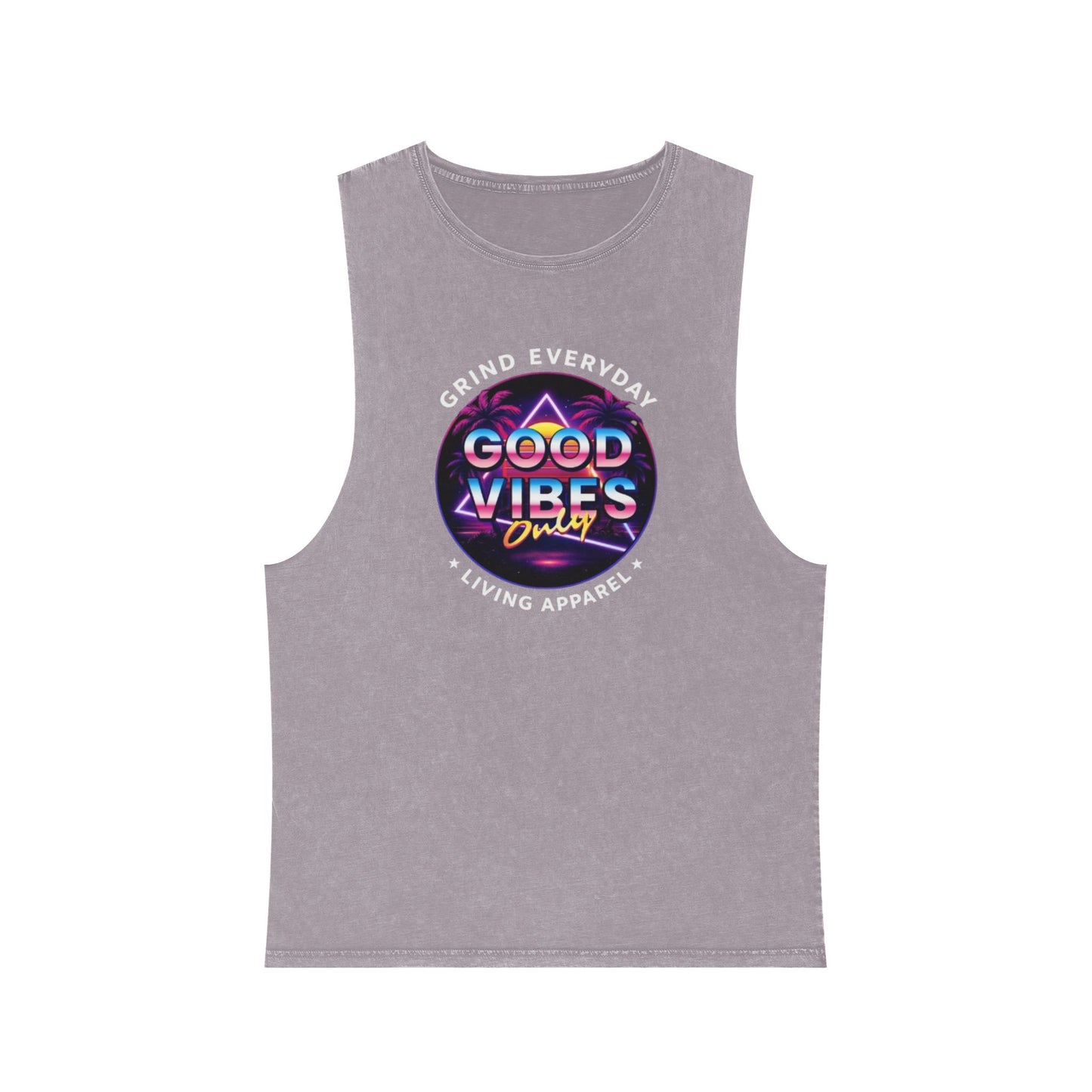 Good Vibes Tank Top — Neon Retro Graphic Stonewash Muscle Tee