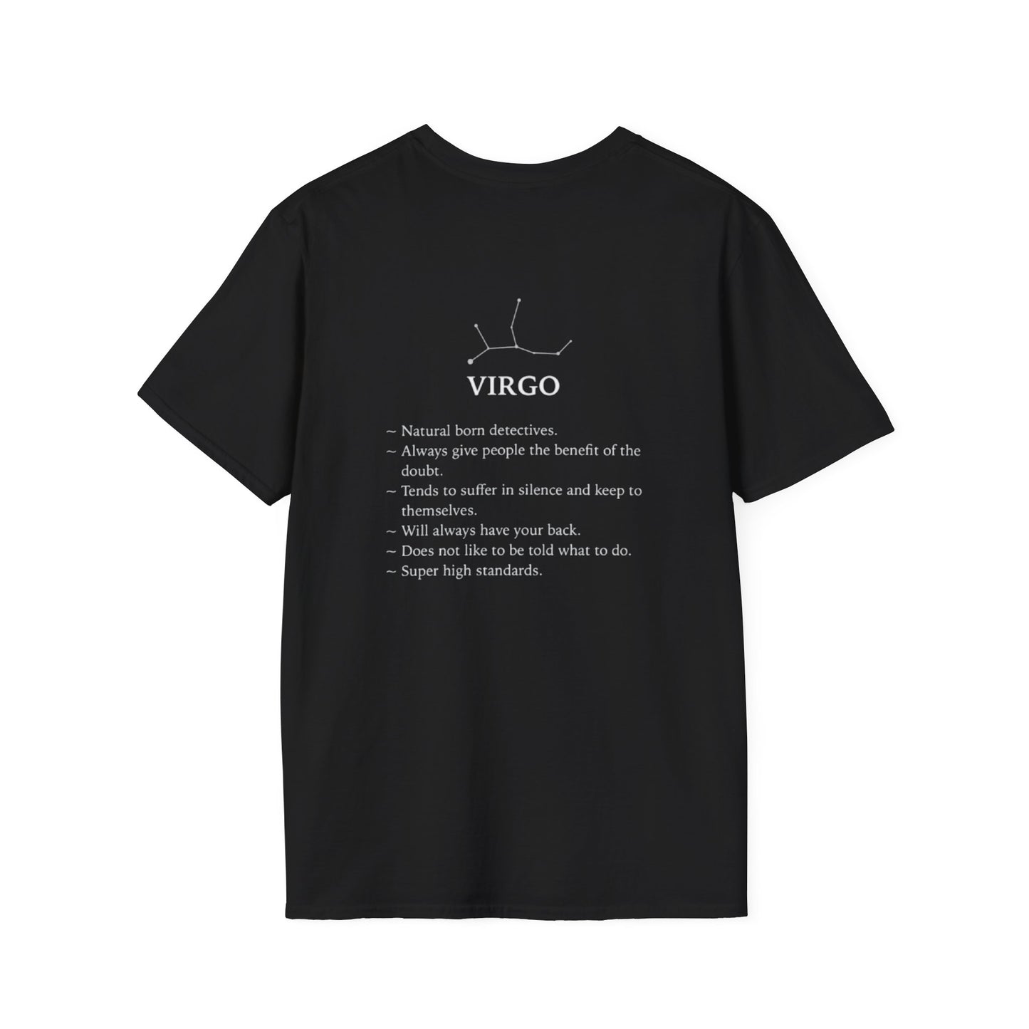 Virgo Zodiac T-Shirt — Vintage Astrology Tee with Virgo Traits (Constellation Back)