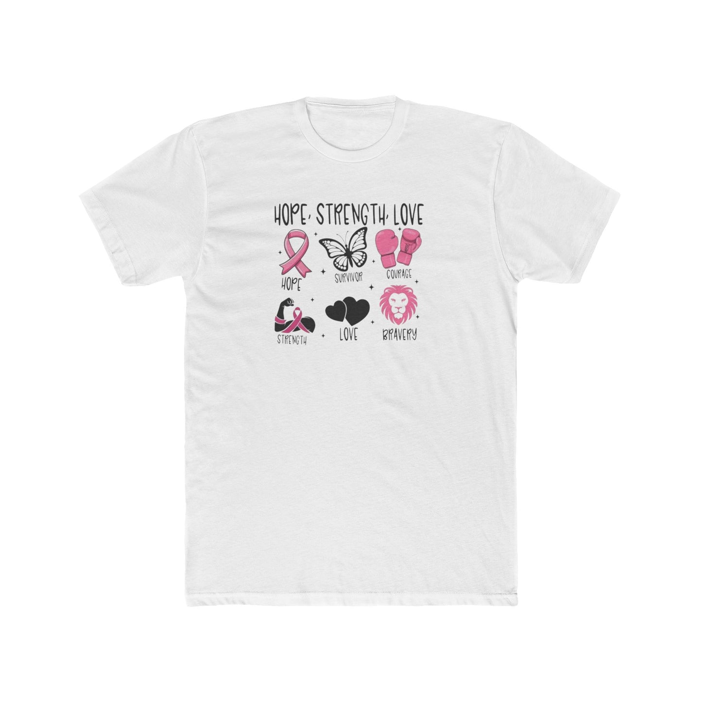 Breast Cancer Support Tee — "Hope Strength Love" Ribbon & Symbols Cotton T-Shirt