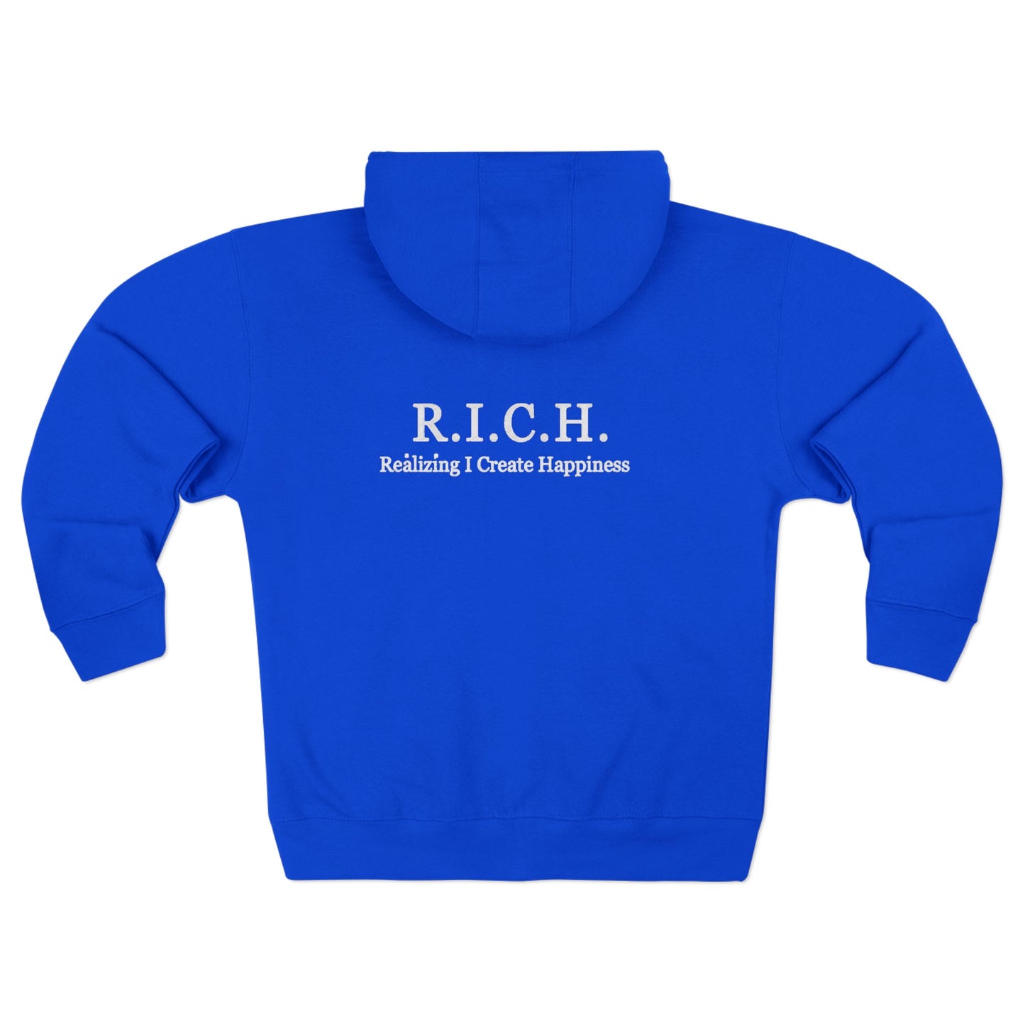 Zip Hoodie — 'Rich in Love' Vintage Crest Chest Logo, Subtle Back Text