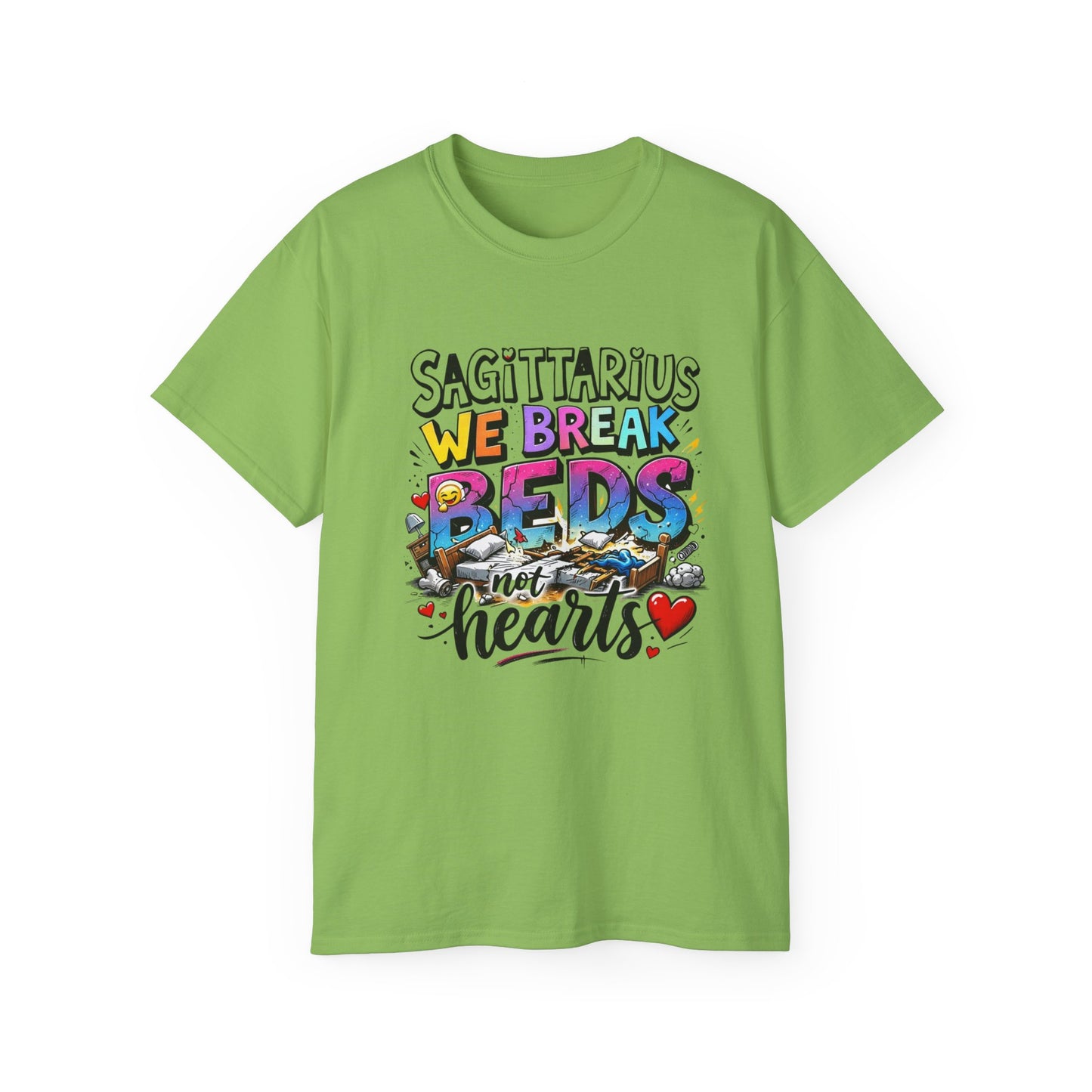 Sagittarius T-Shirt - "We Break Beds Not Hearts" Colorful Zodiac Tee