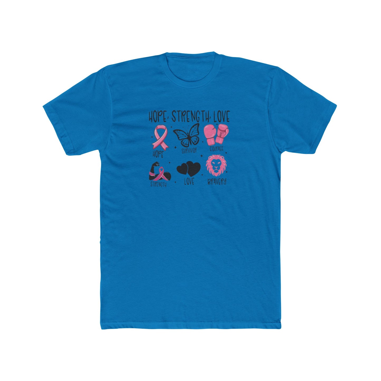 Breast Cancer Support Tee — "Hope Strength Love" Ribbon & Symbols Cotton T-Shirt