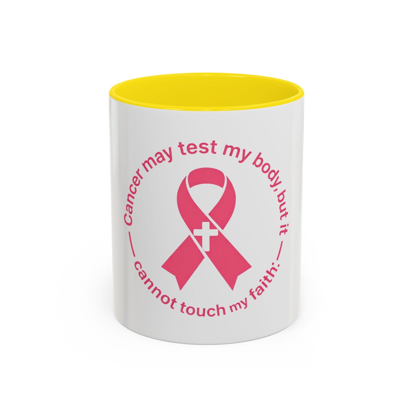 Cancer Faith Ribbon Mug – "Cancer may test my body, but it cannot touch my faith" Accent Coffee Mug