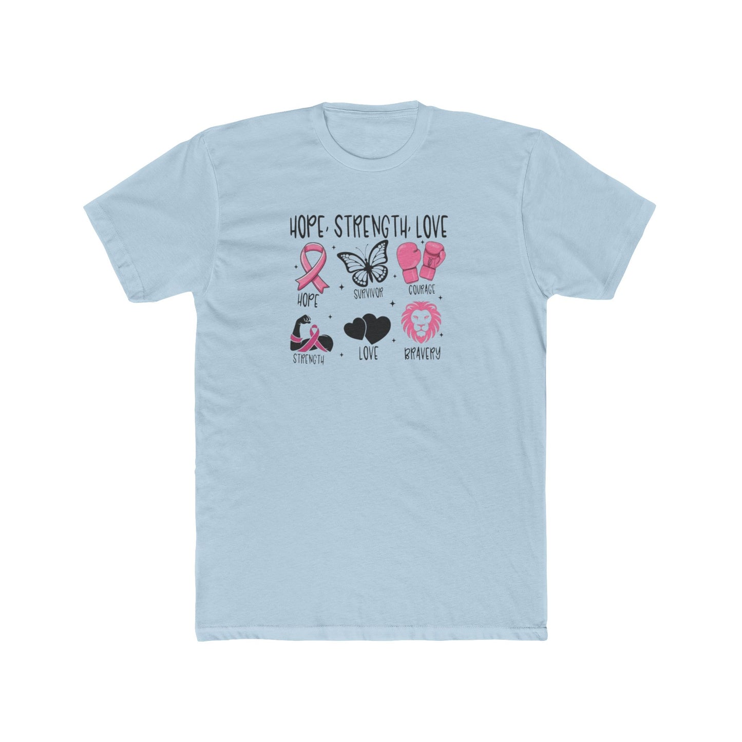 Breast Cancer Support Tee — "Hope Strength Love" Ribbon & Symbols Cotton T-Shirt