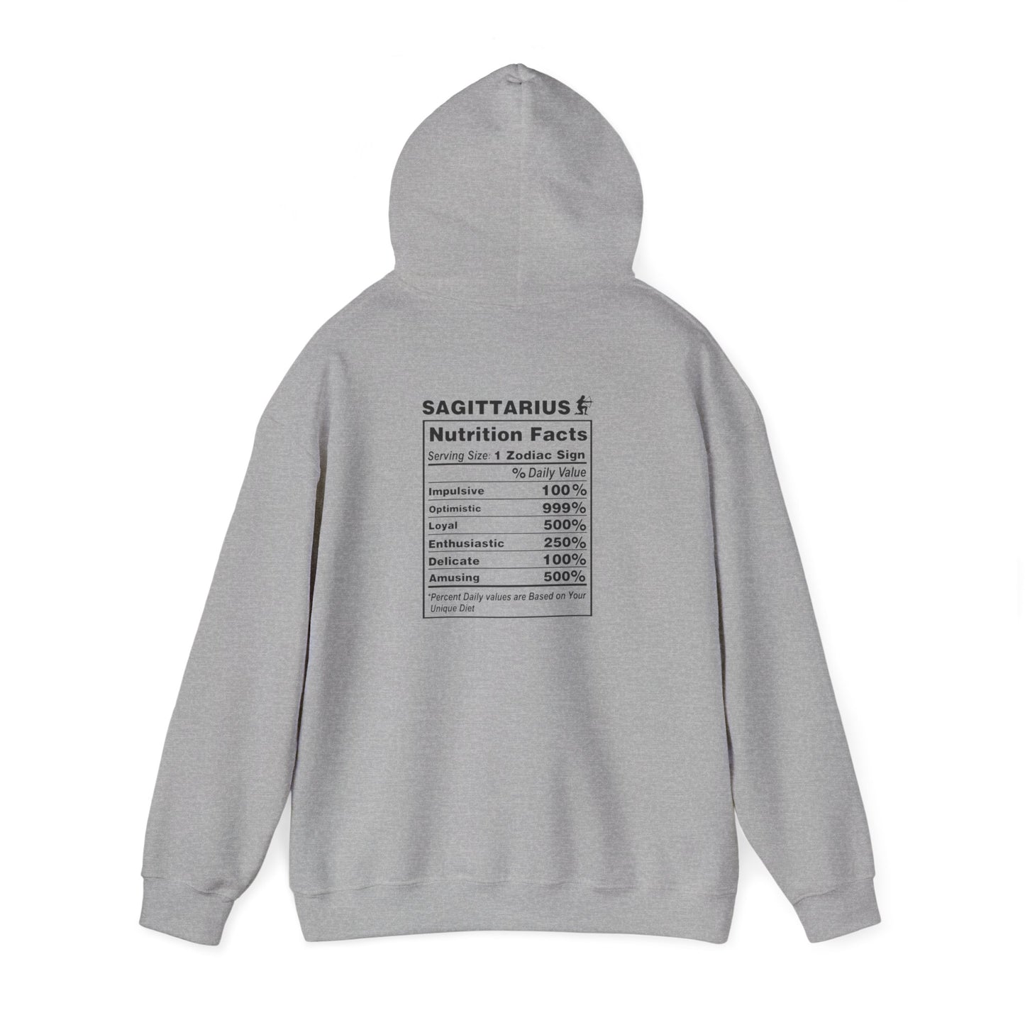 Sagittarius Zodiac Hoodie 2 – Astrological Flame Graphic with 'Sagittarius' & Nutrition Facts Back