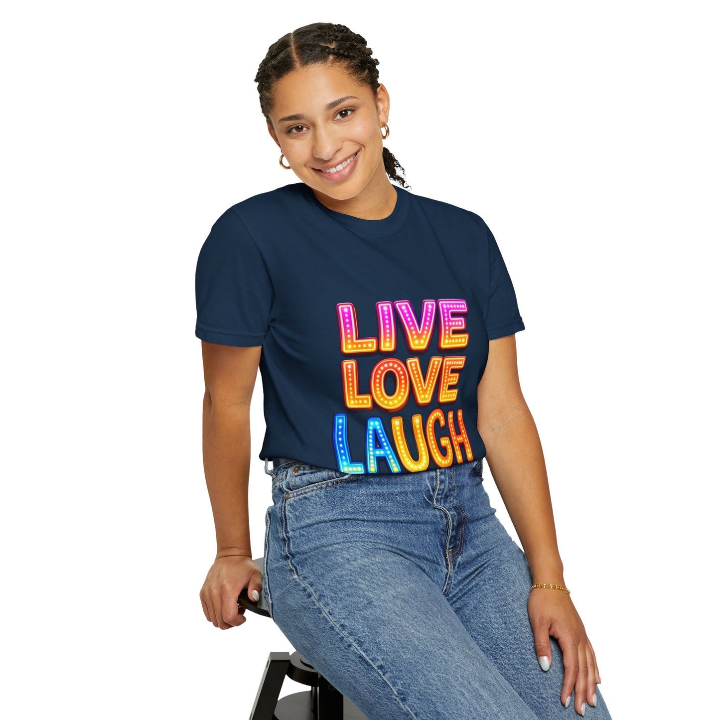 Live Love Laugh Graphic T-Shirt — Colorful Retro Marquee Design
