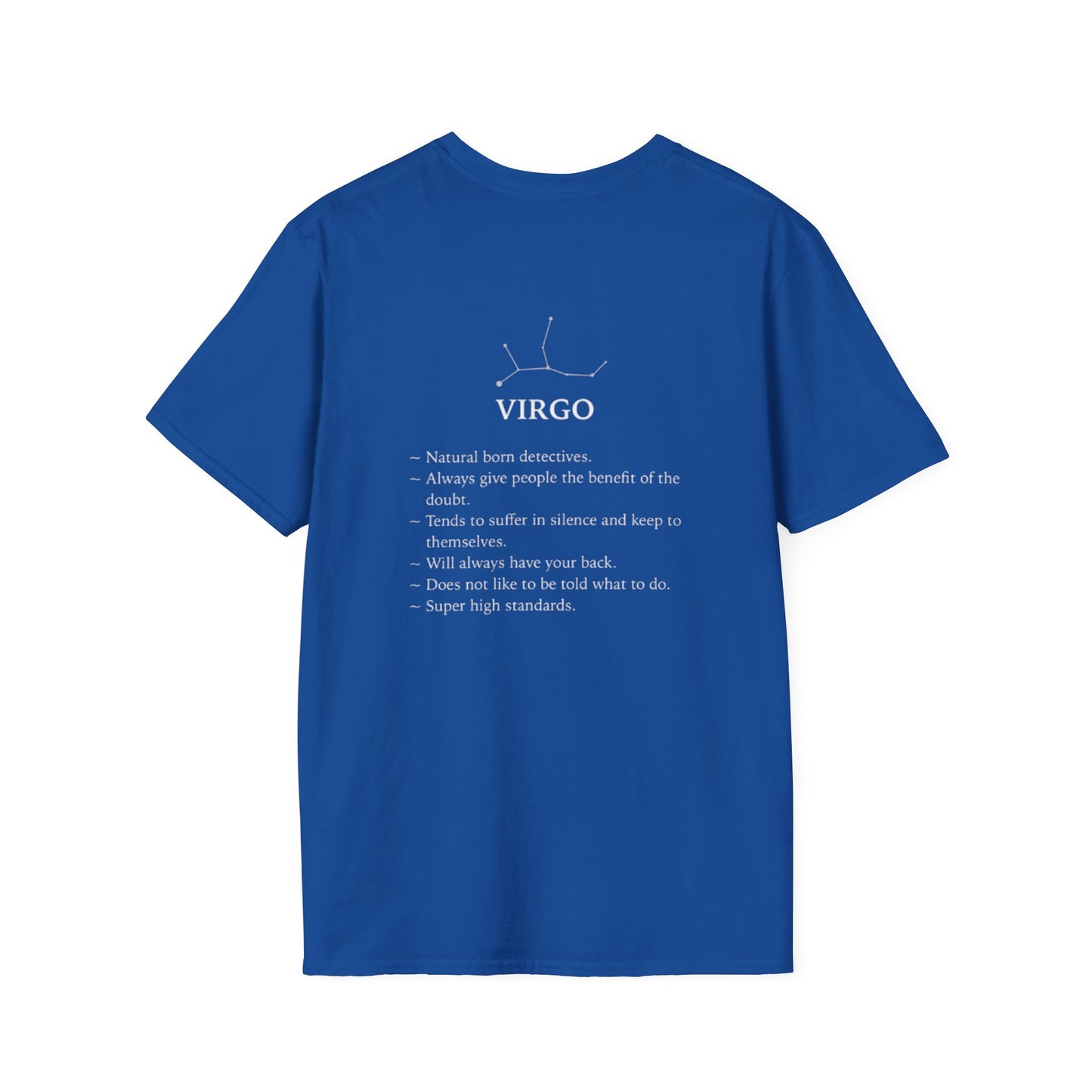 Virgo Zodiac T-Shirt — Vintage Astrology Tee with Virgo Traits (Constellation Back)