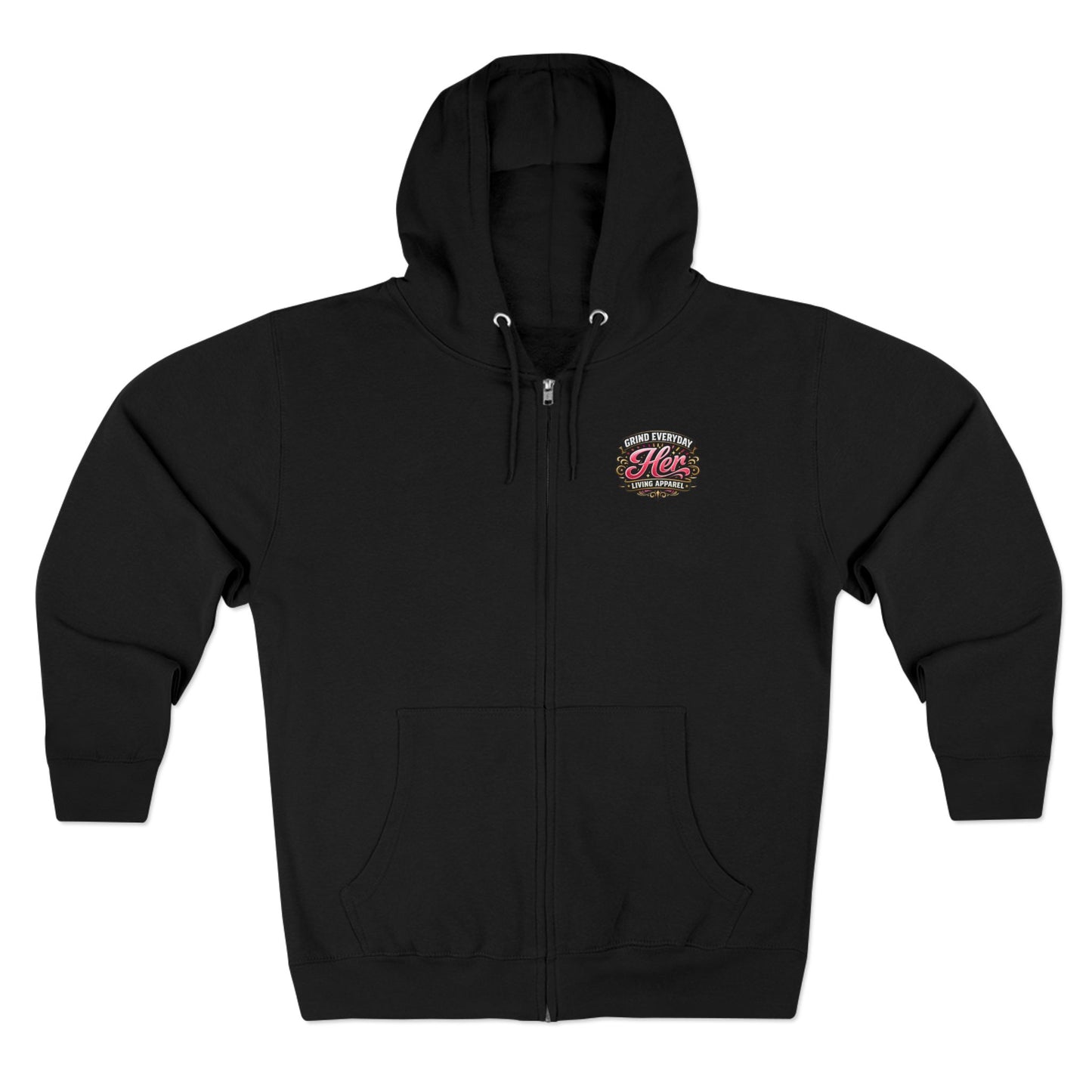 Zip Hoodie — 'Rich in Love' Vintage Crest Chest Logo, Subtle Back Text