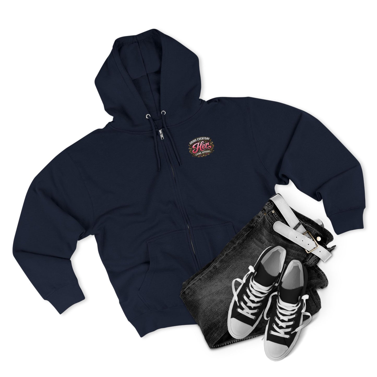 Zip Hoodie — 'Rich in Love' Vintage Crest Chest Logo, Subtle Back Text