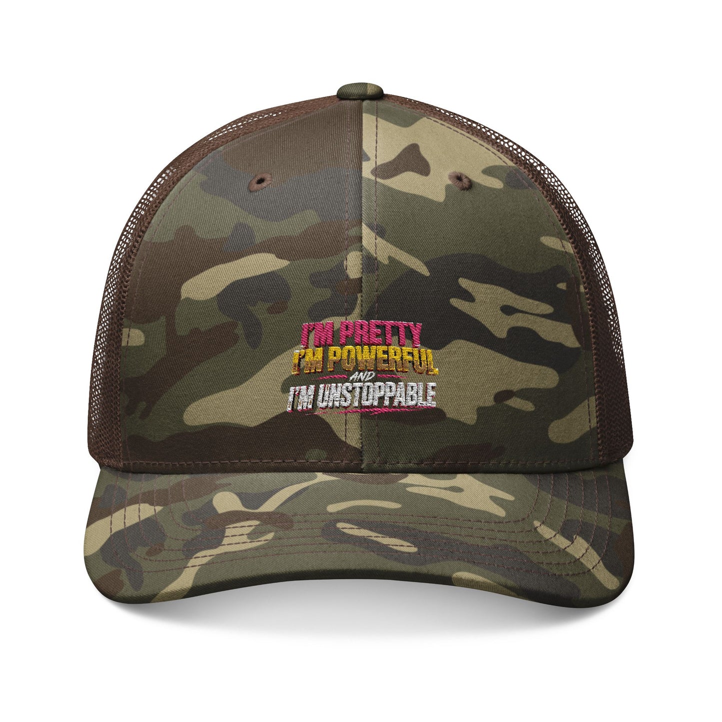 Camouflage Trucker Hat — Embroidered 'I'm Pretty, No Brainer, I'm Unforgettable' Cap