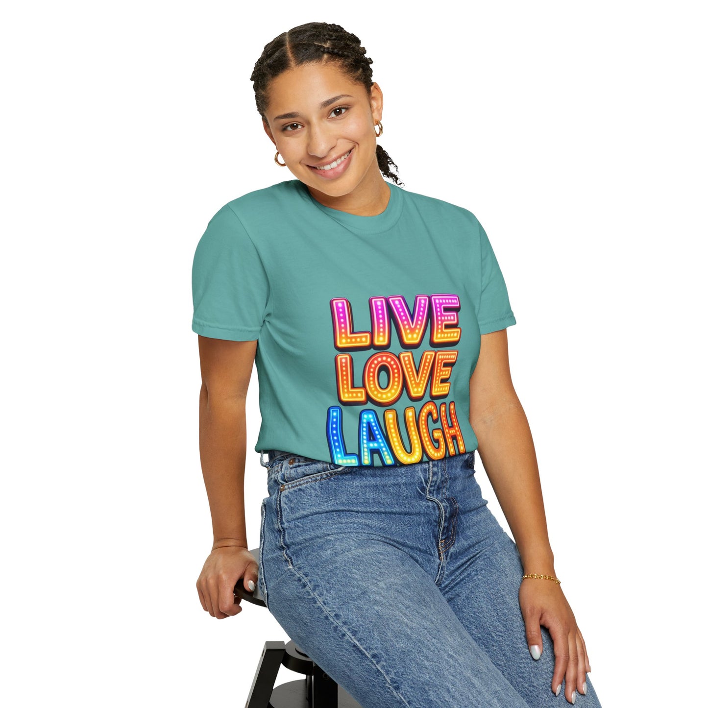 Live Love Laugh Graphic T-Shirt — Colorful Retro Marquee Design