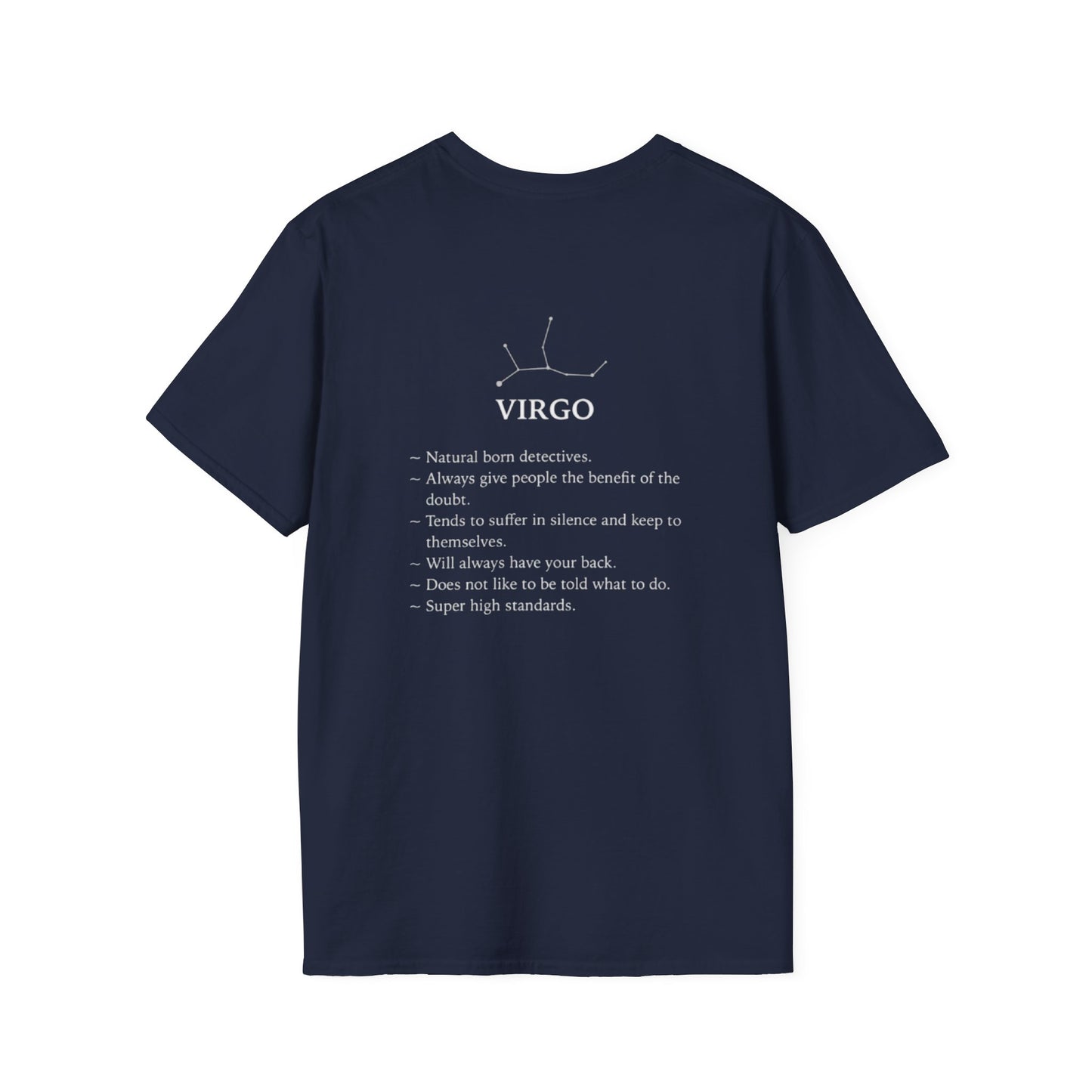 Virgo Zodiac T-Shirt — Vintage Astrology Tee with Virgo Traits (Constellation Back)