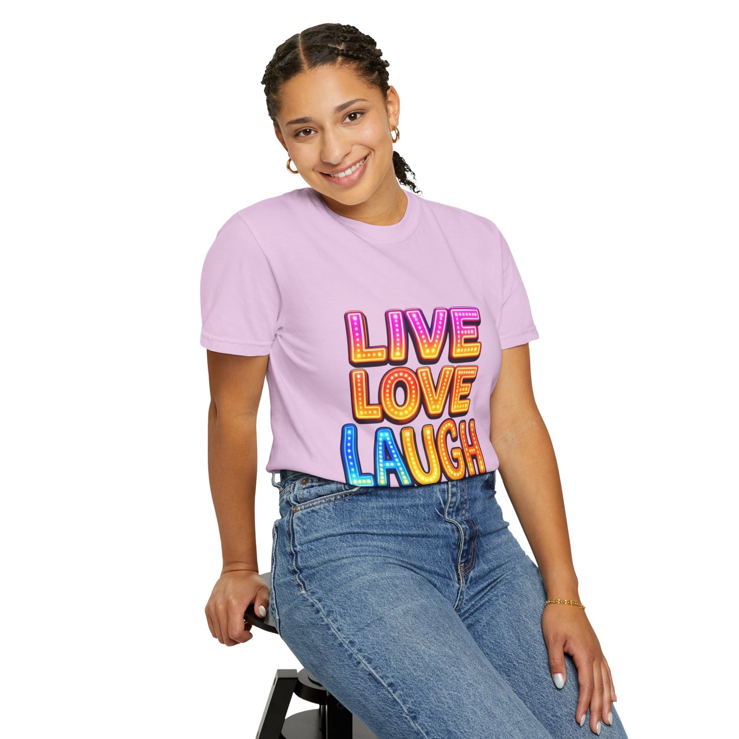 Live Love Laugh Graphic T-Shirt — Colorful Retro Marquee Design