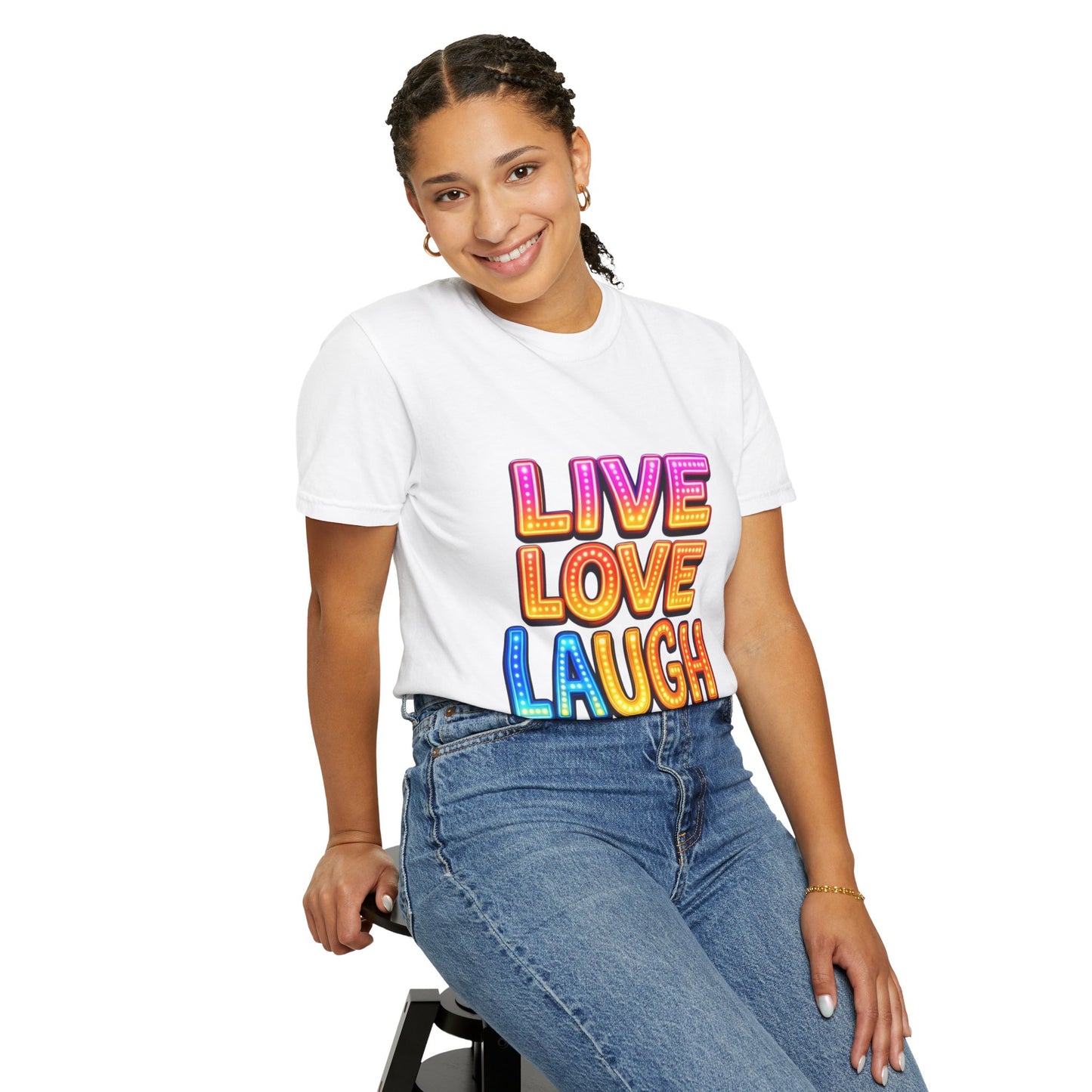 Live Love Laugh Graphic T-Shirt — Colorful Retro Marquee Design