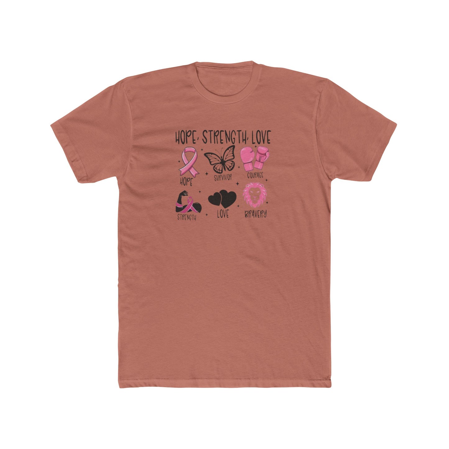 Breast Cancer Support Tee — "Hope Strength Love" Ribbon & Symbols Cotton T-Shirt