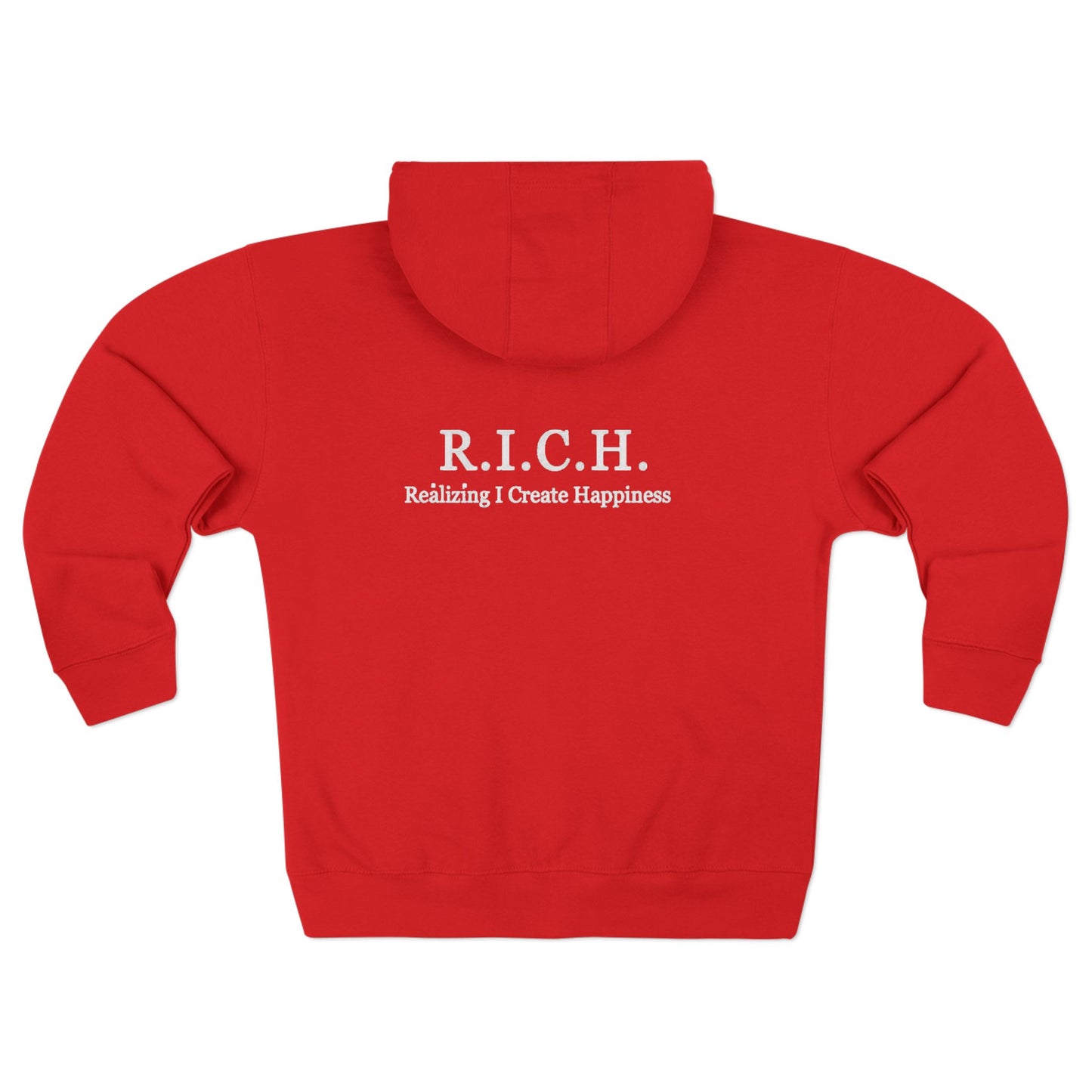 Zip Hoodie — 'Rich in Love' Vintage Crest Chest Logo, Subtle Back Text