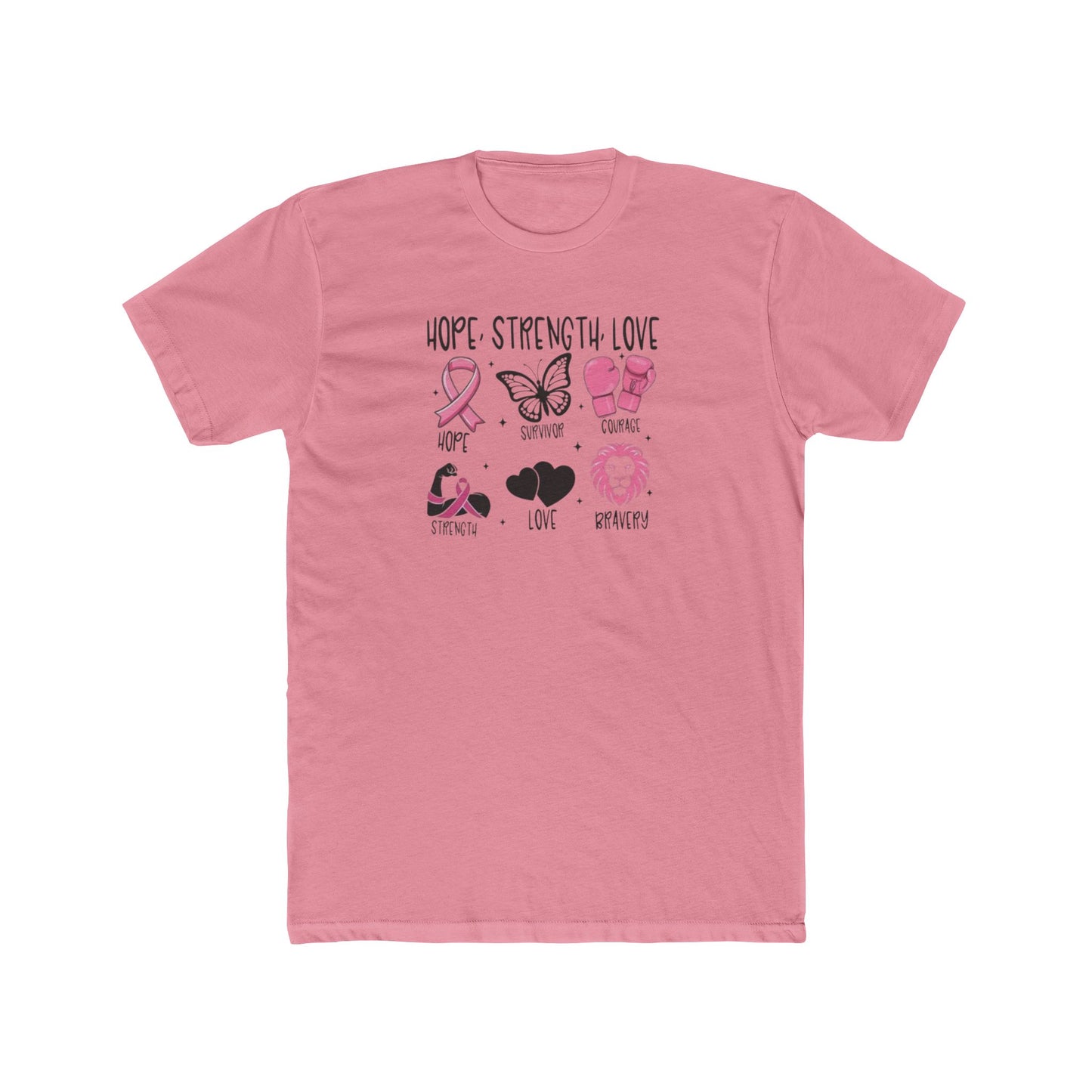 Breast Cancer Support Tee — "Hope Strength Love" Ribbon & Symbols Cotton T-Shirt
