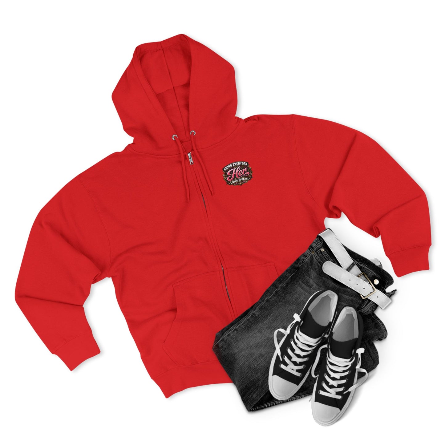 Zip Hoodie — 'Rich in Love' Vintage Crest Chest Logo, Subtle Back Text