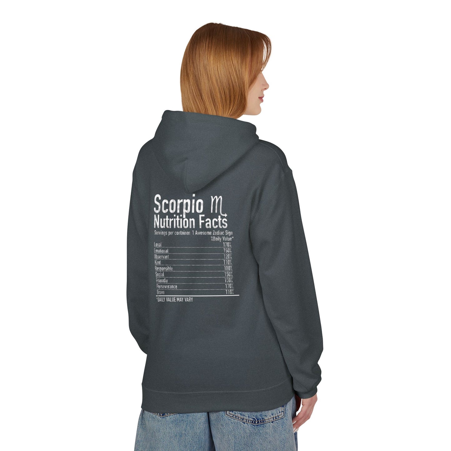 Scorpio Hoodie — Zodiac Scorpion Graphic with 'Scorpio Nutrition Facts' Back Print