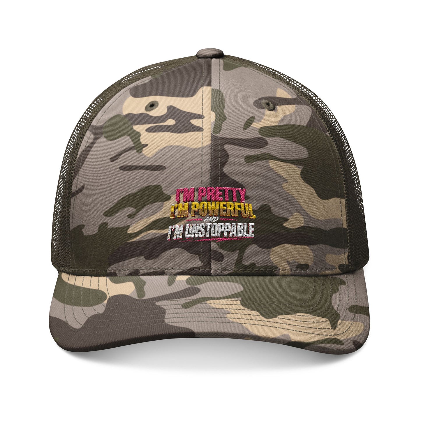 Camouflage Trucker Hat — Embroidered 'I'm Pretty, No Brainer, I'm Unforgettable' Cap