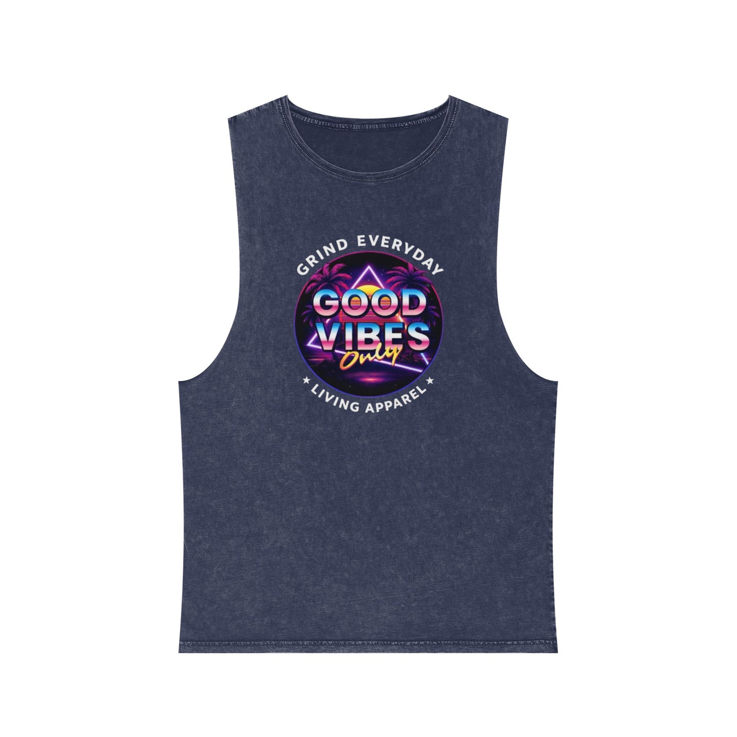 Good Vibes Tank Top — Neon Retro Graphic Stonewash Muscle Tee