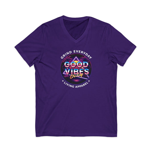 Good Vibes Only V-Neck Tee — Retro Motivational Graphic T-Shirt