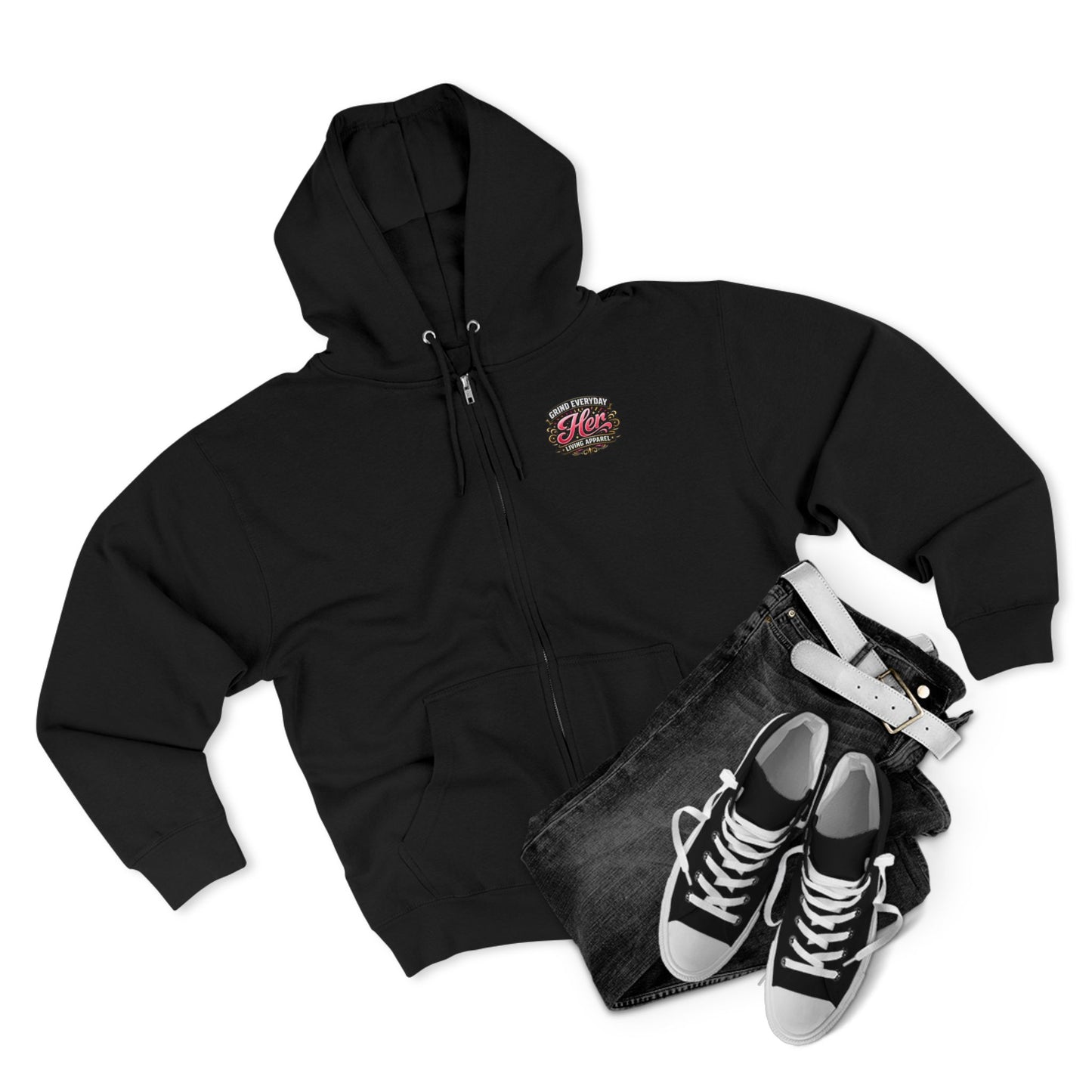 Zip Hoodie — 'Rich in Love' Vintage Crest Chest Logo, Subtle Back Text