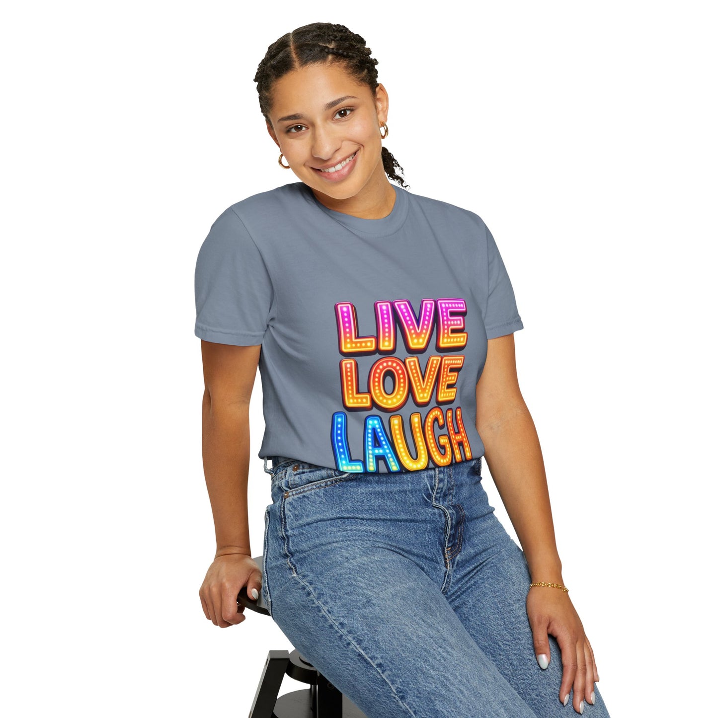 Live Love Laugh Graphic T-Shirt — Colorful Retro Marquee Design