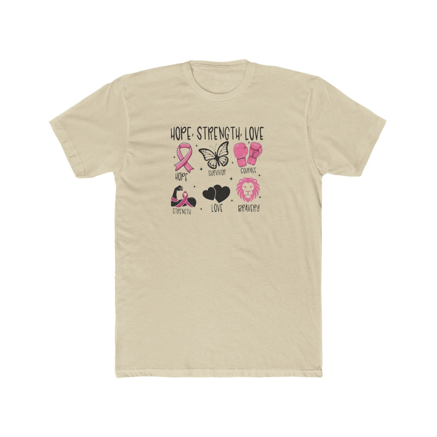 Breast Cancer Support Tee — "Hope Strength Love" Ribbon & Symbols Cotton T-Shirt