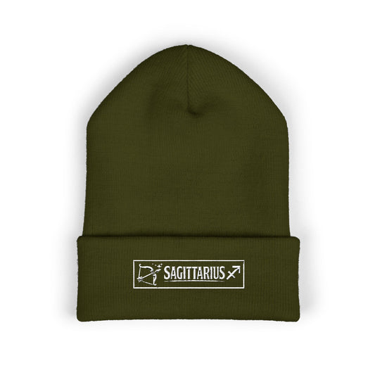 SAGITTAIRUS Embroidered Cuffed Beanie — Olive Knit Winter Hat
