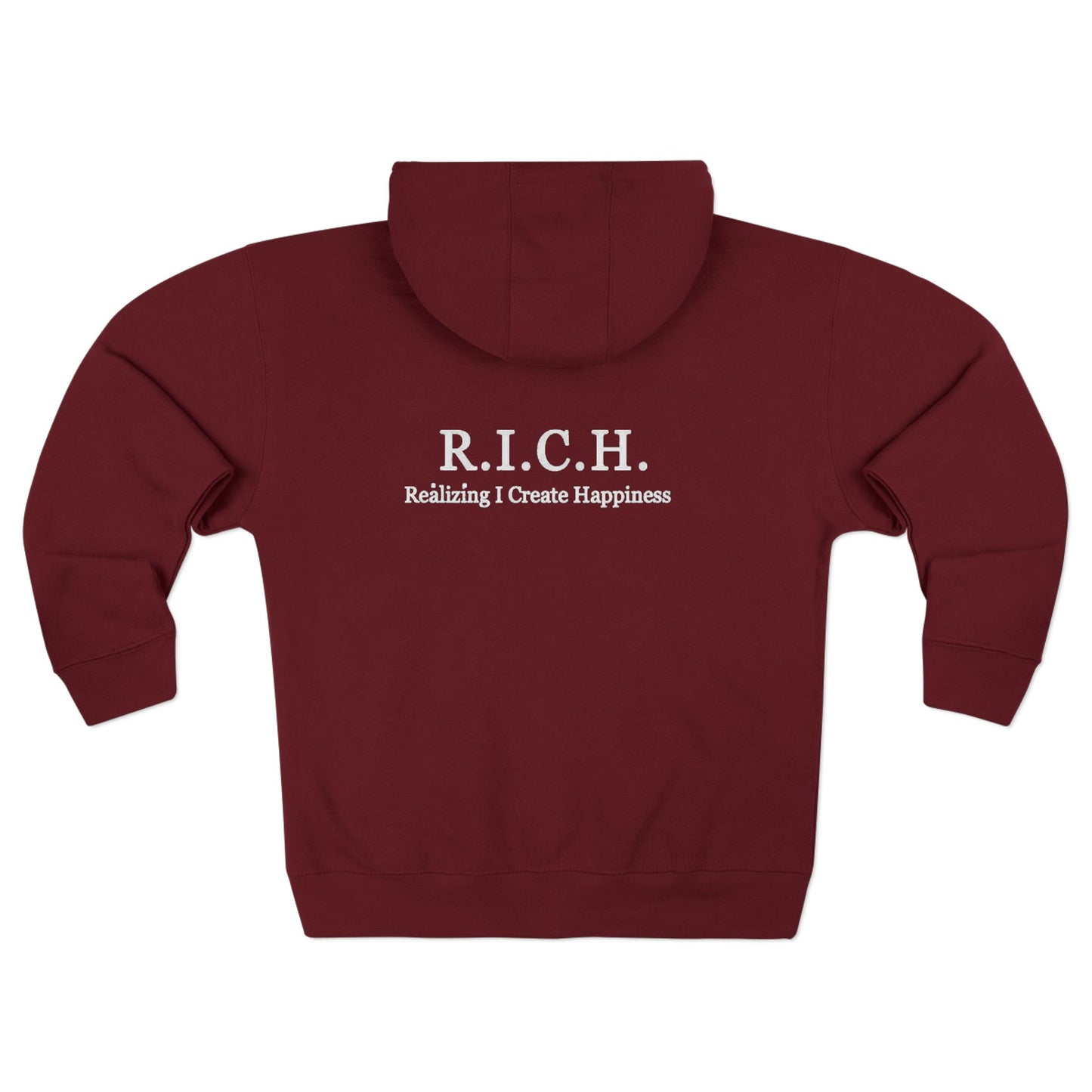 Zip Hoodie — 'Rich in Love' Vintage Crest Chest Logo, Subtle Back Text