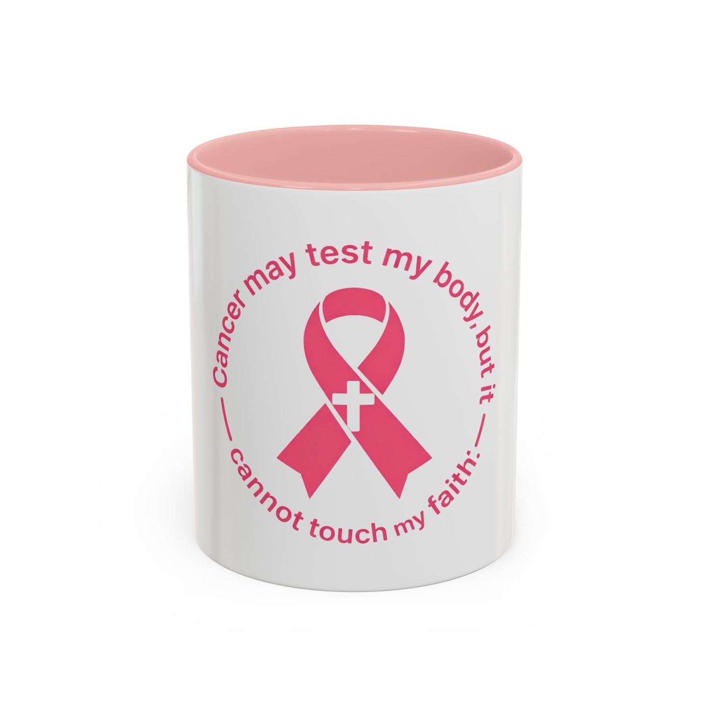 Cancer Faith Ribbon Mug – "Cancer may test my body, but it cannot touch my faith" Accent Coffee Mug