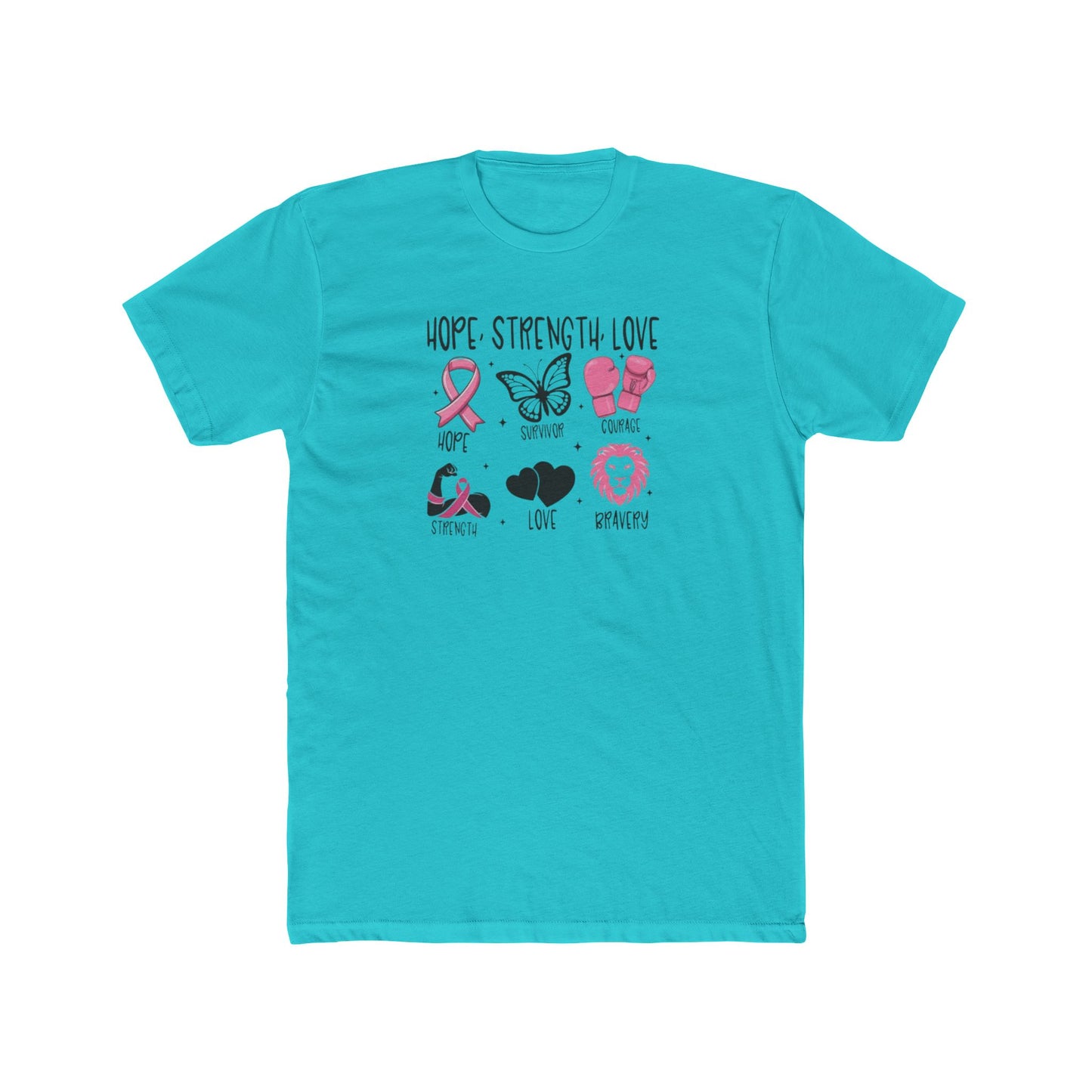 Breast Cancer Support Tee — "Hope Strength Love" Ribbon & Symbols Cotton T-Shirt