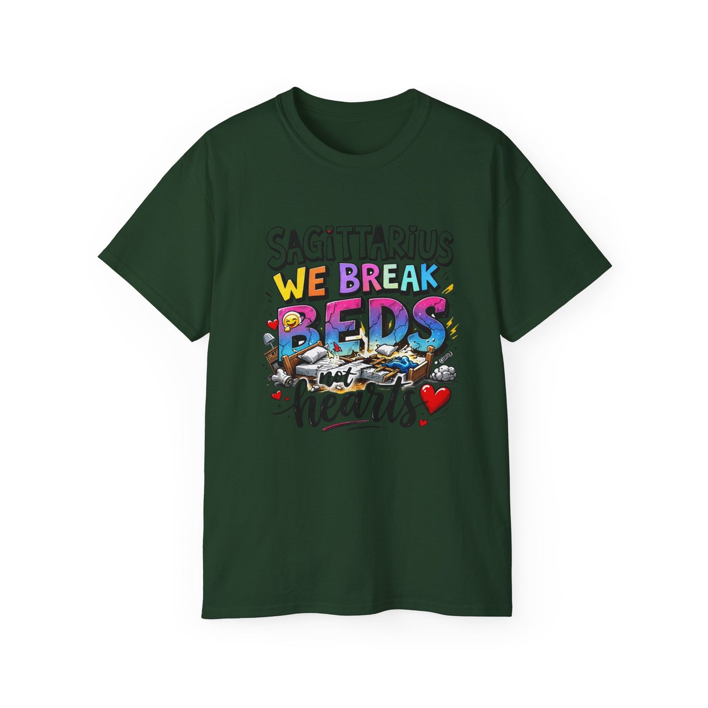Sagittarius T-Shirt - "We Break Beds Not Hearts" Colorful Zodiac Tee