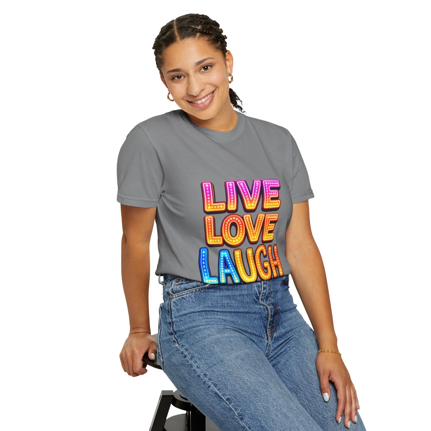 Live Love Laugh Graphic T-Shirt — Colorful Retro Marquee Design