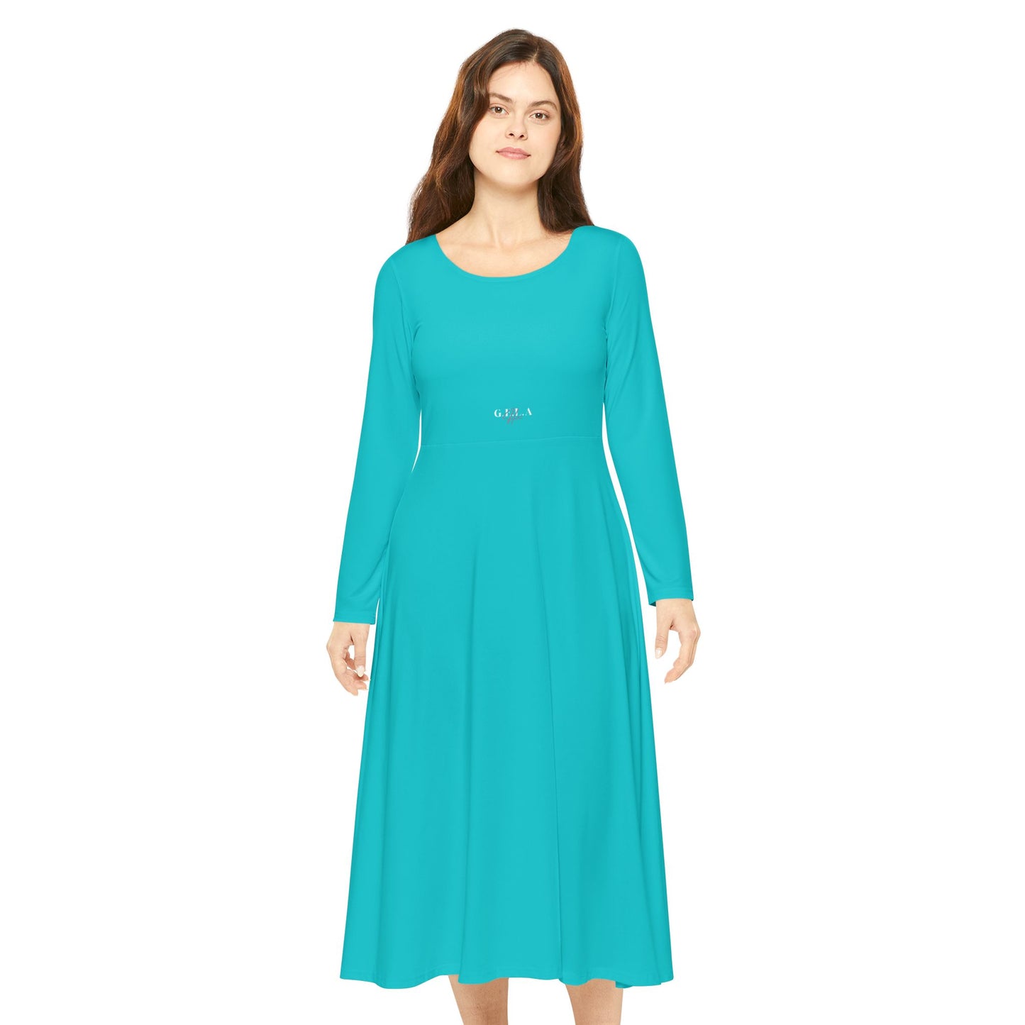 "Gela Her"Turquoise Long Sleeve Dance Dress — Flowing Twirl Skirt for Practice & Performance