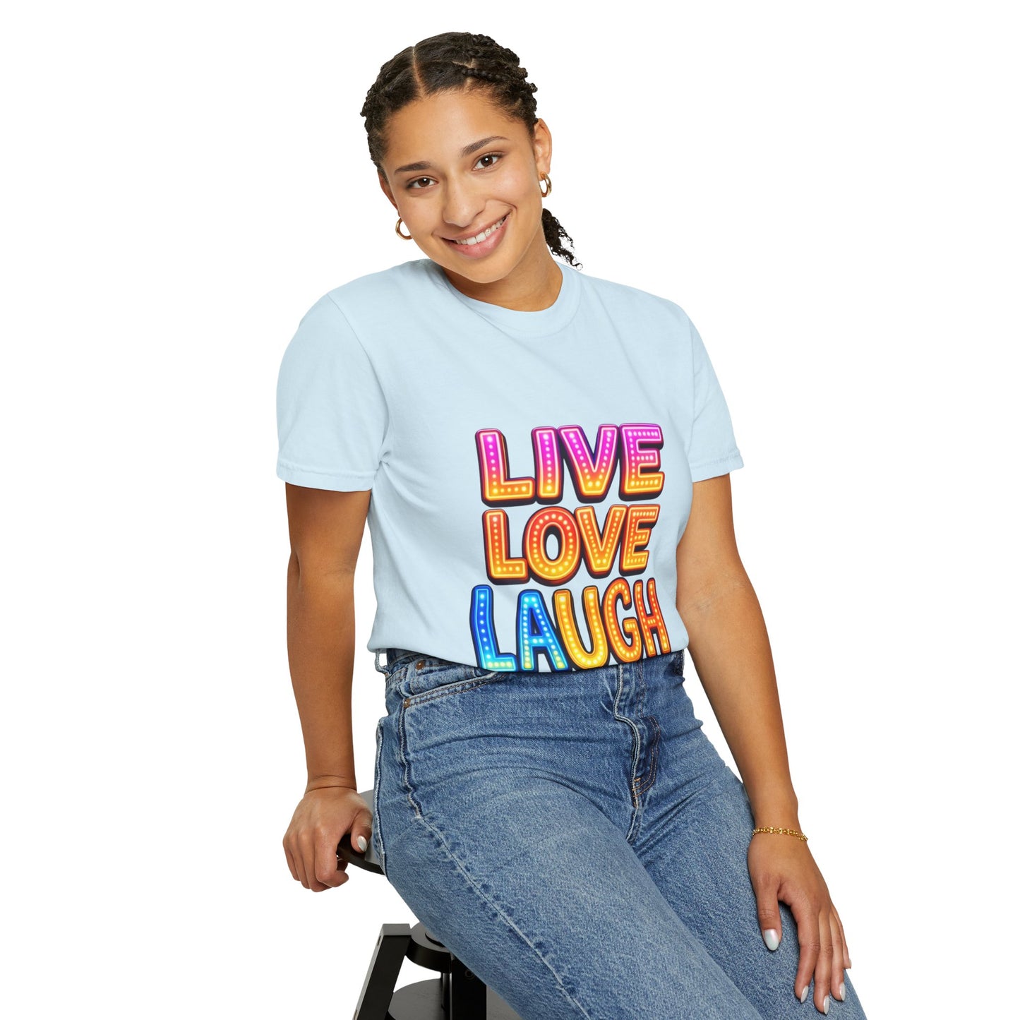 Live Love Laugh Graphic T-Shirt — Colorful Retro Marquee Design