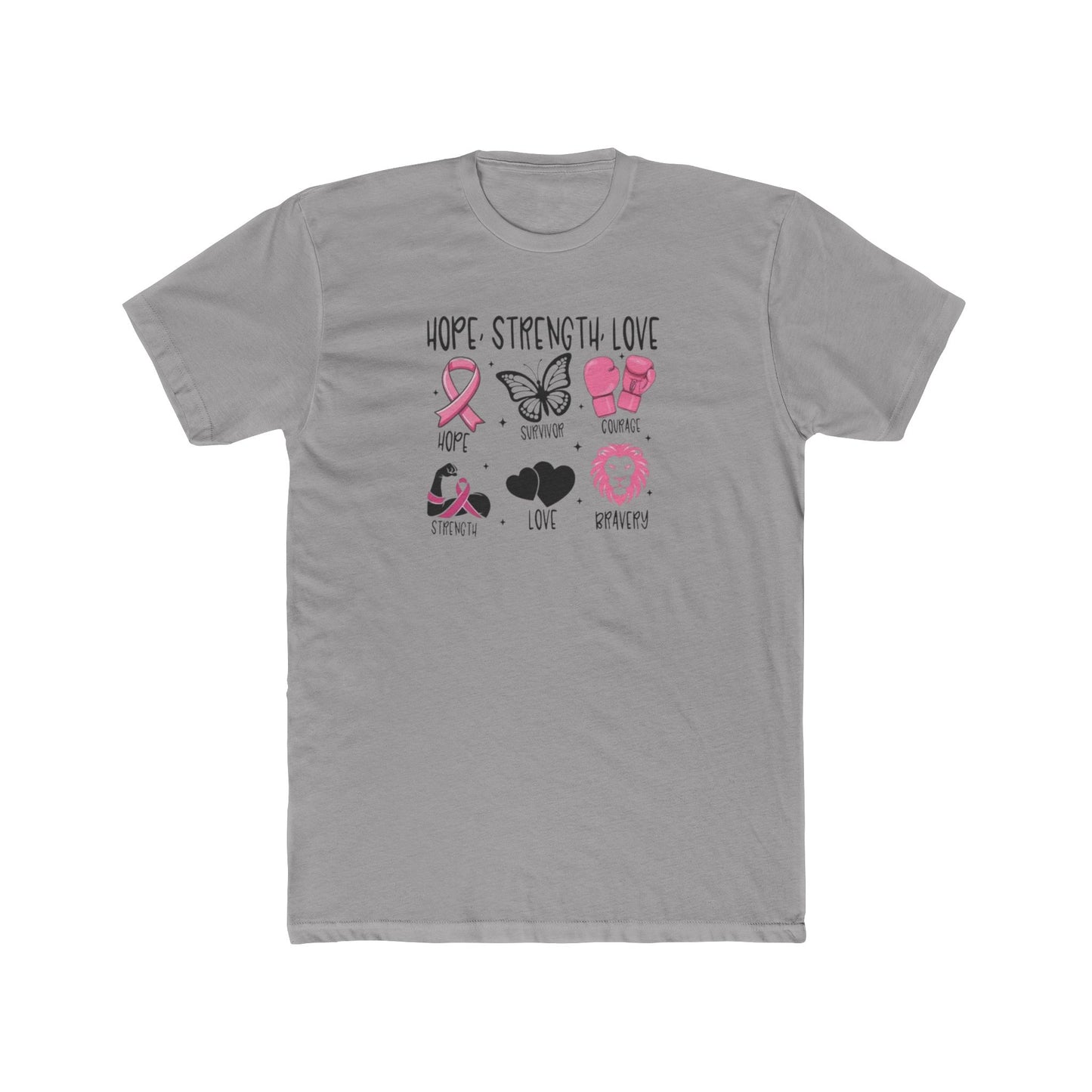 Breast Cancer Support Tee — "Hope Strength Love" Ribbon & Symbols Cotton T-Shirt
