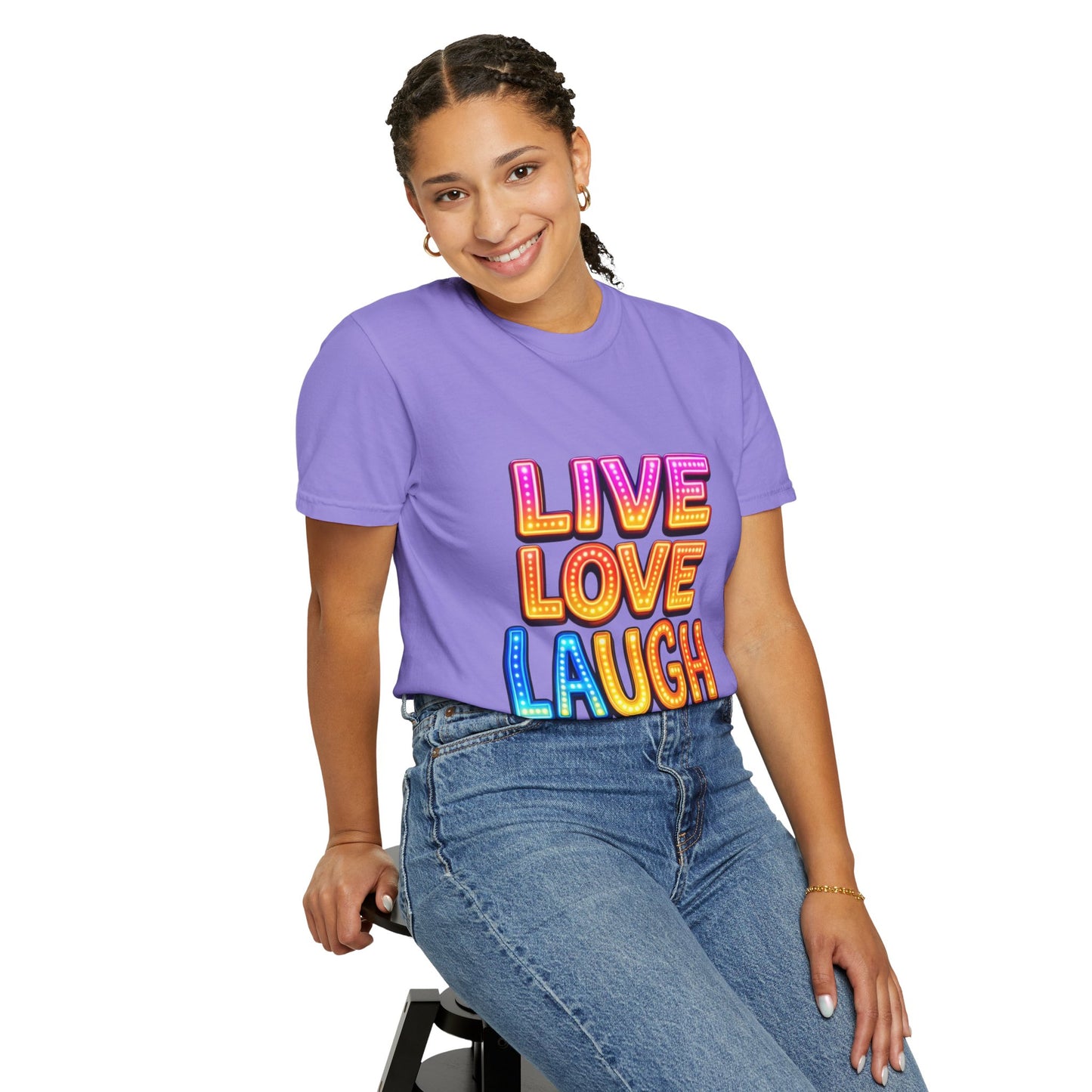 Live Love Laugh Graphic T-Shirt — Colorful Retro Marquee Design