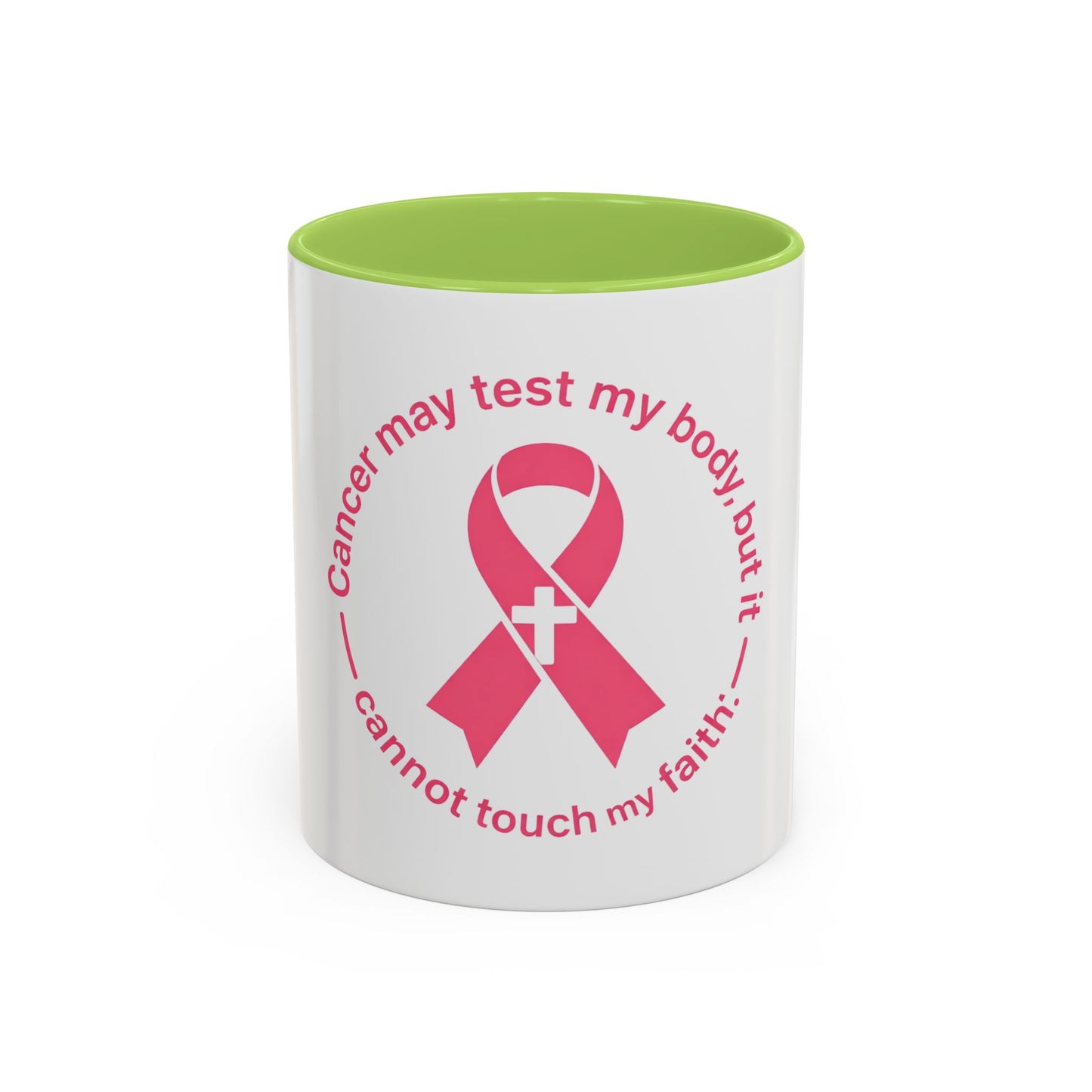 Cancer Faith Ribbon Mug – "Cancer may test my body, but it cannot touch my faith" Accent Coffee Mug