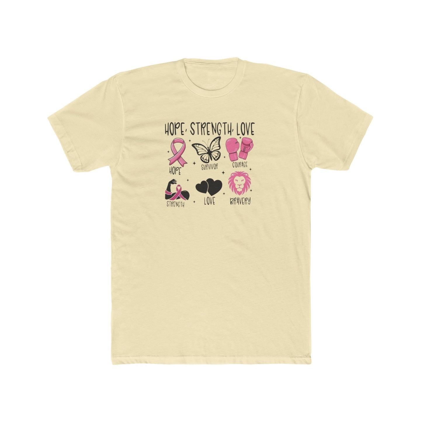 Breast Cancer Support Tee — "Hope Strength Love" Ribbon & Symbols Cotton T-Shirt