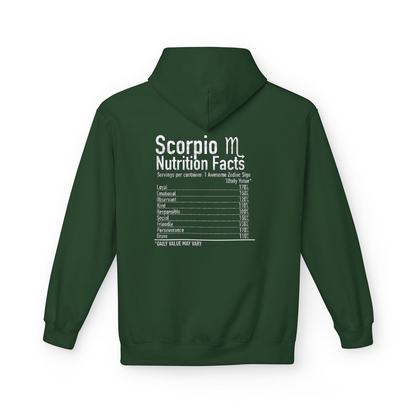 Scorpio Hoodie — Zodiac Scorpion Graphic with 'Scorpio Nutrition Facts' Back Print