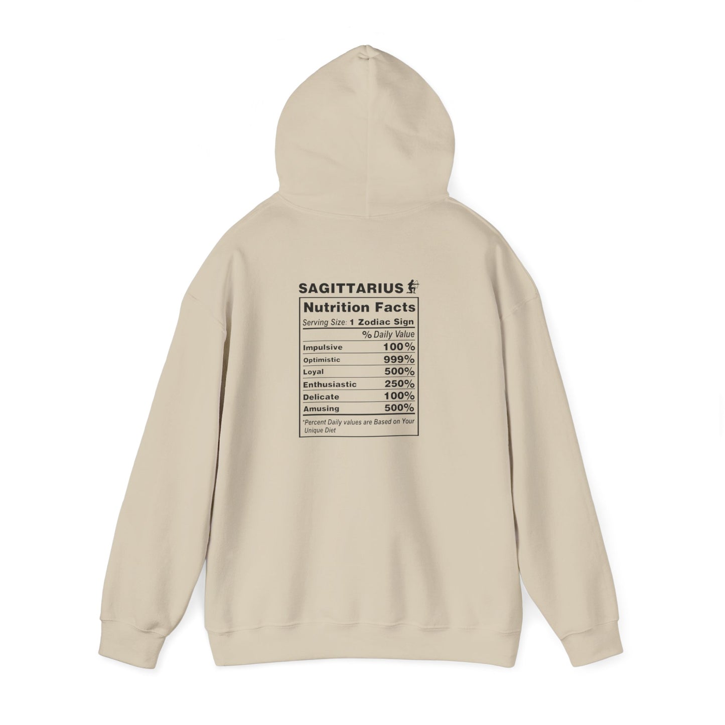 Sagittarius Zodiac Hoodie 2 – Astrological Flame Graphic with 'Sagittarius' & Nutrition Facts Back