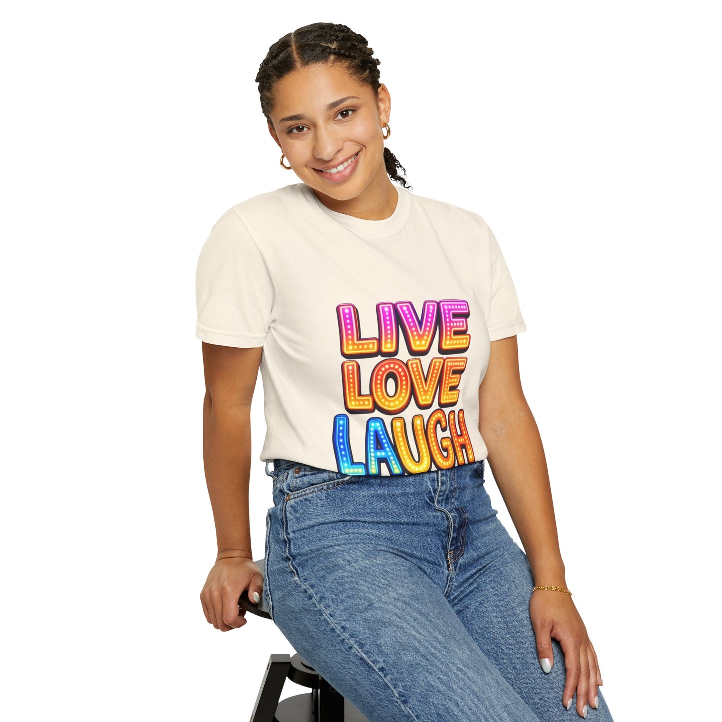 Live Love Laugh Graphic T-Shirt — Colorful Retro Marquee Design