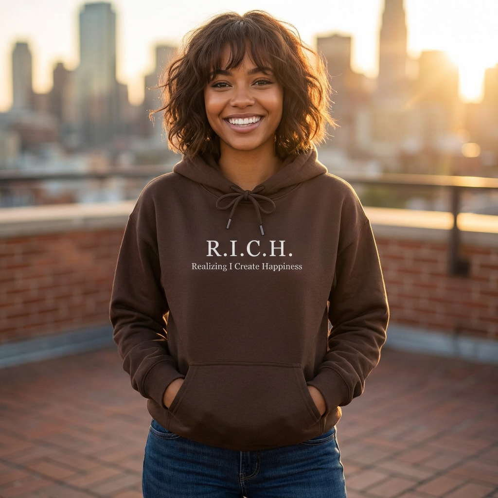 R.I.C.H. Hoodie — 'Realizing I Create Happiness' Minimal Motivational Pullover